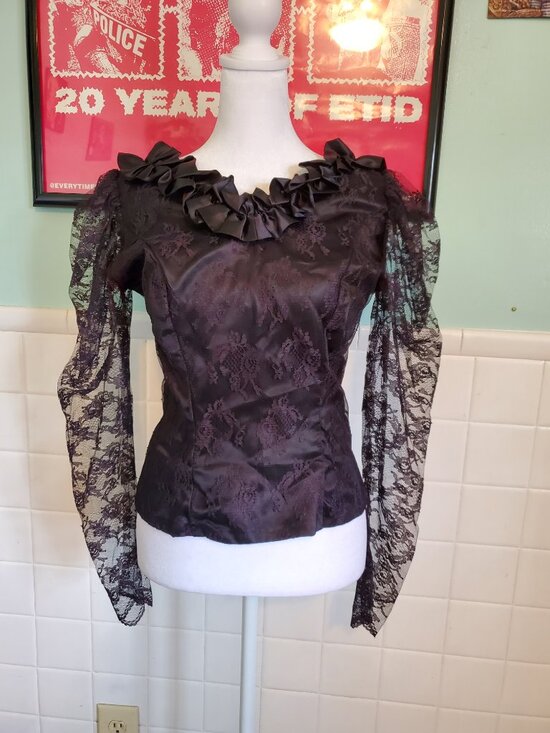 Vintage 80s Black Floral Lace Whimsigoth Long Sleeve Blouse Top Size Small - Picture 11 of 11